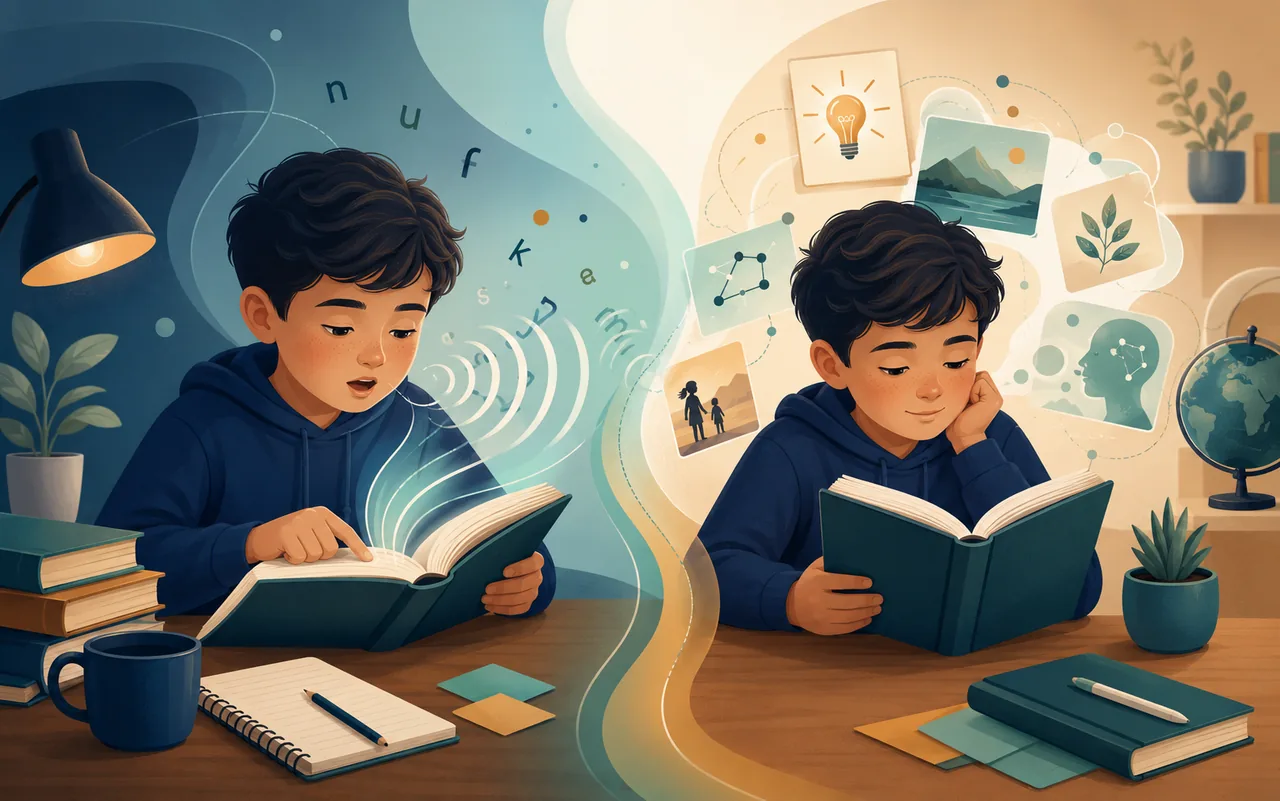 Two reading scenes show aloud decoding practice and quiet comprehension work as complementary reading tools.