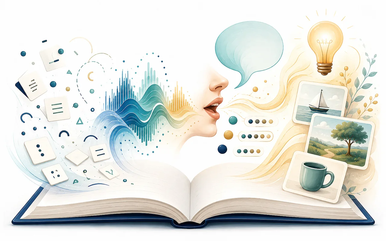 An open book with letters, sound waves, spoken language, and meaning flowing together.