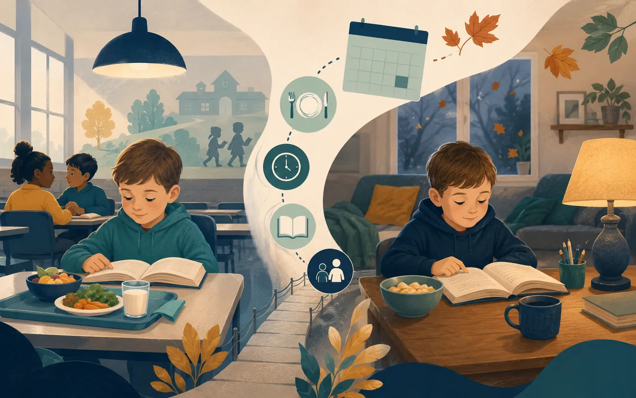 A school routine transitions into a holiday break at home where a child still needs meals, structure, and reading support.