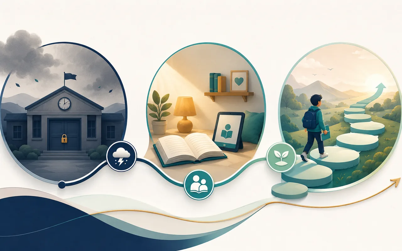 An infographic-style sequence shows school disruption, home reading support, and continued recovery.