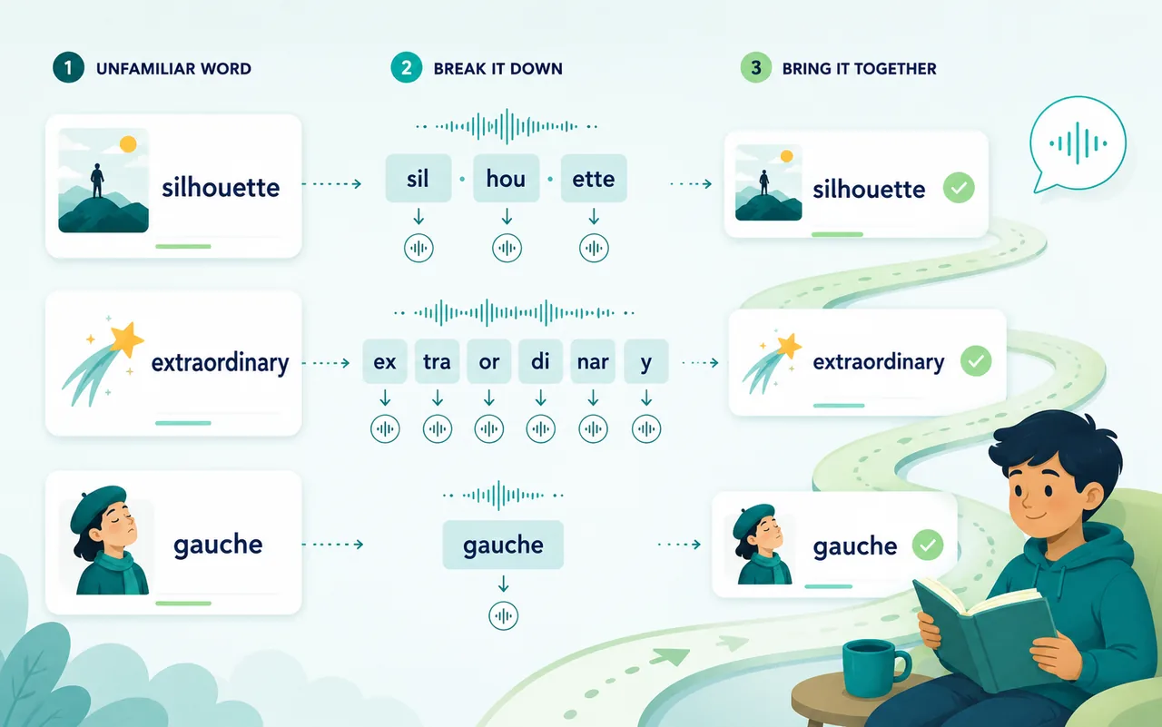 Unfamiliar words broken into decoding chunks with subtle pronunciation cues